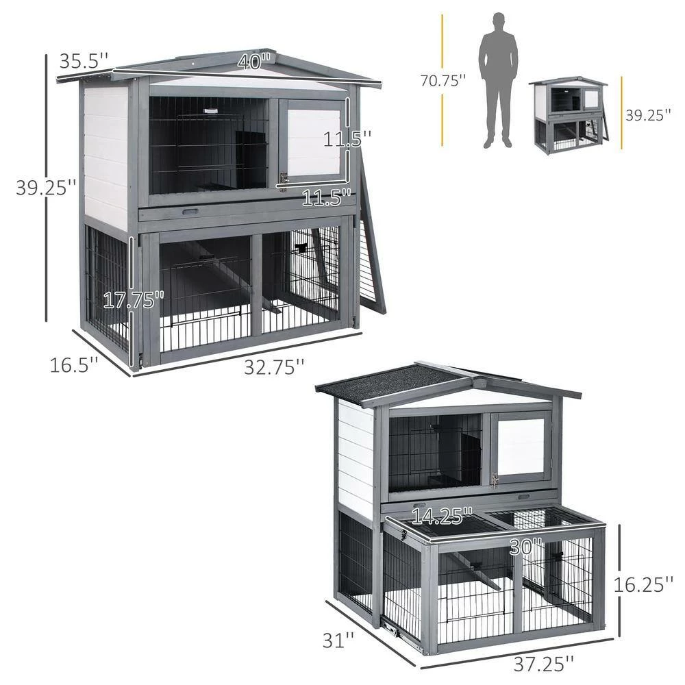 Wooden 2 Story Rabbit Hutch Bunny Hutch with Slide-Out Run, Openable Roof, Lockable Doors, Ramp and No Leak Tray by PawHut - Image 3