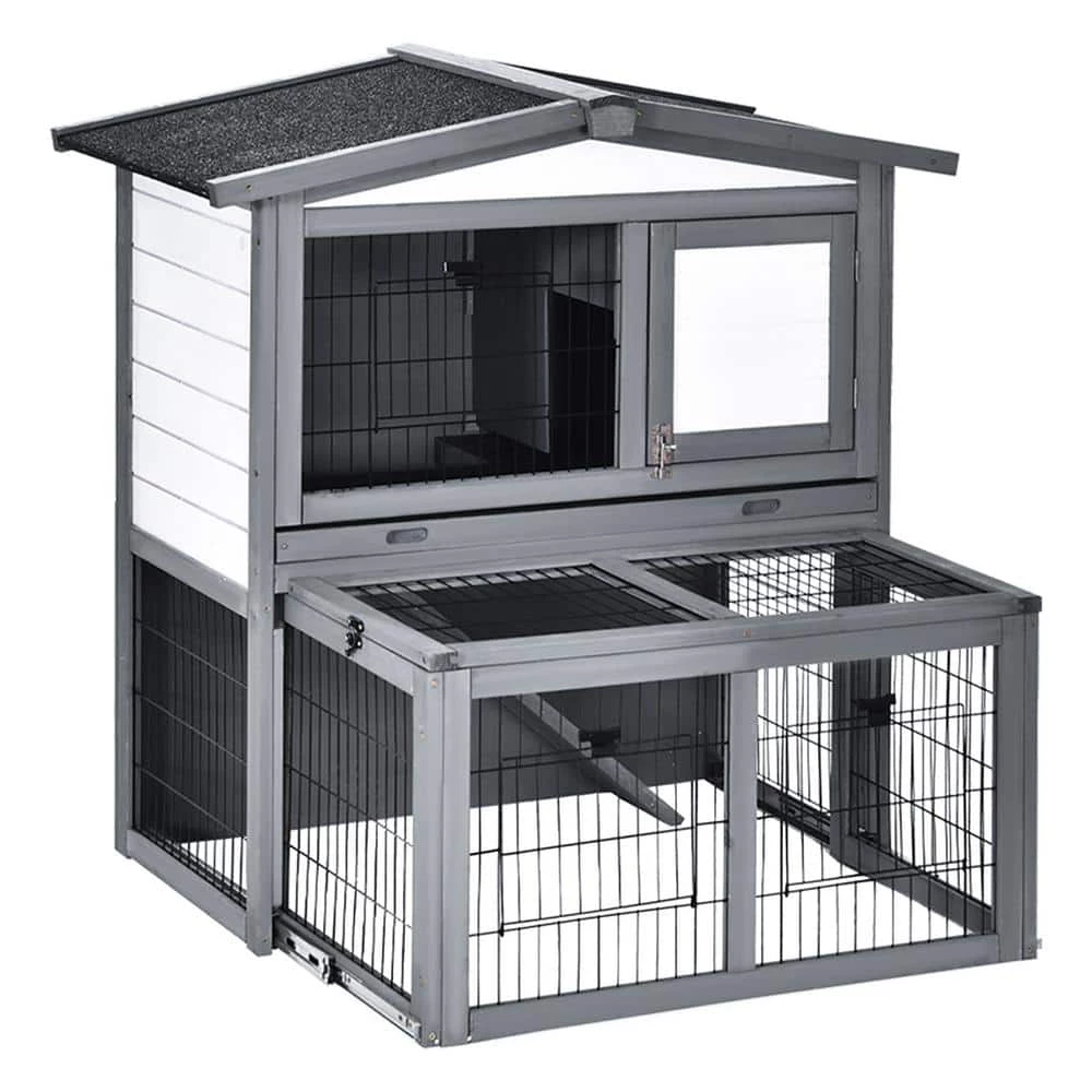 Wooden 2 Story Rabbit Hutch Bunny Hutch with Slide-Out Run, Openable Roof, Lockable Doors, Ramp and No Leak Tray by PawHut