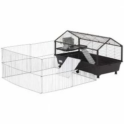 Small Animal Cage Bunny Playpen with Main House and Run for Rabbit, Guinea Pigs, Chinchilla - 47 in. L by PawHut
