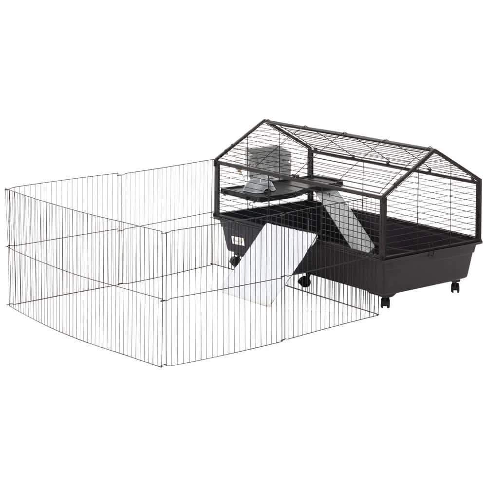 Small Animal Cage Bunny Playpen with Main House and Run for Rabbit, Guinea Pigs, Chinchilla - 47 in. L by PawHut