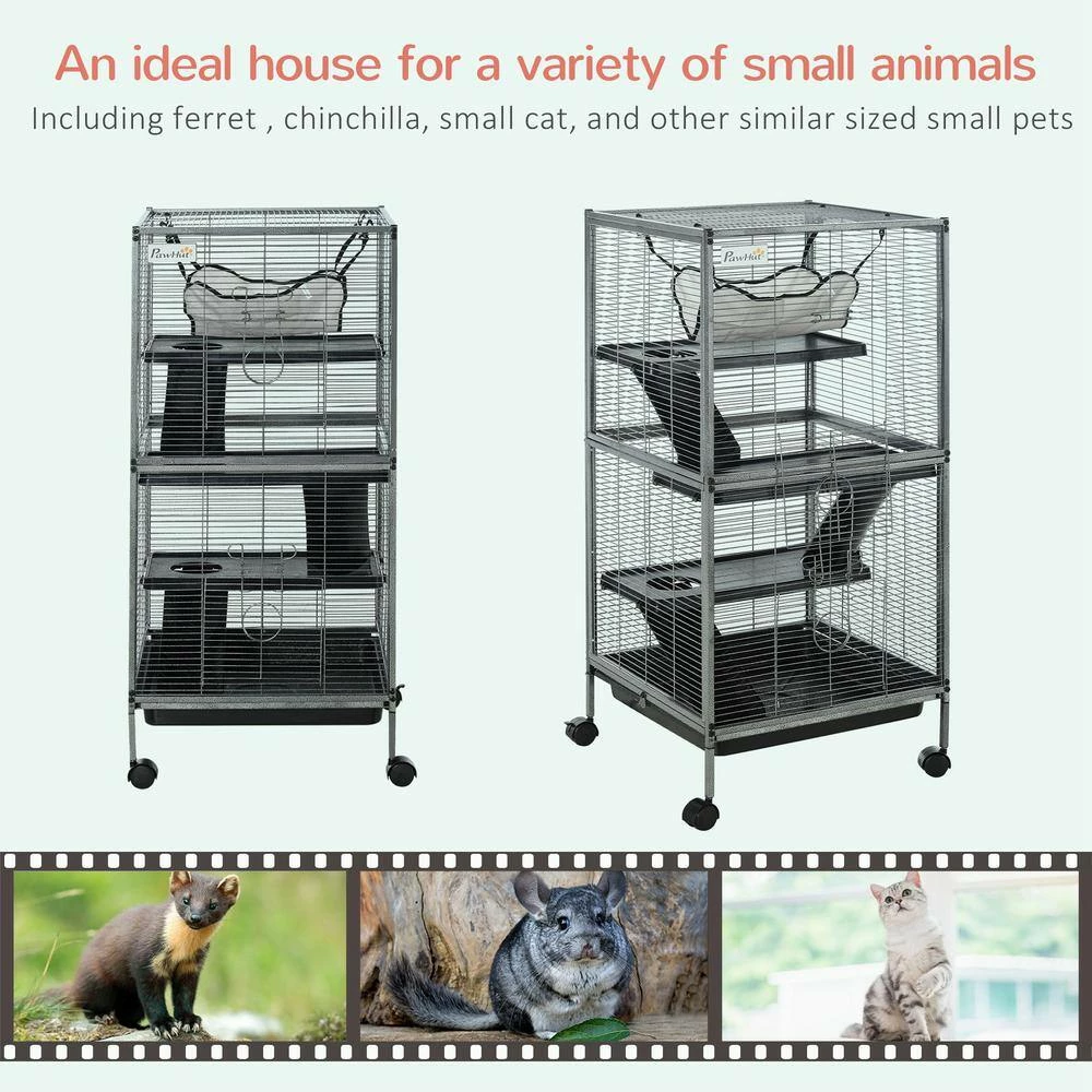 Small Animal Cage for Rabbits, Chinchillas, Ferret with Wheels, Hammock, 4 Platforms and Removable Tray - 45 in. H by PawHut - Image 4