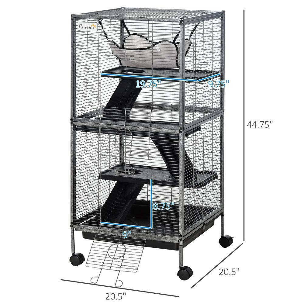 Small Animal Cage for Rabbits, Chinchillas, Ferret with Wheels, Hammock, 4 Platforms and Removable Tray - 45 in. H by PawHut - Image 3