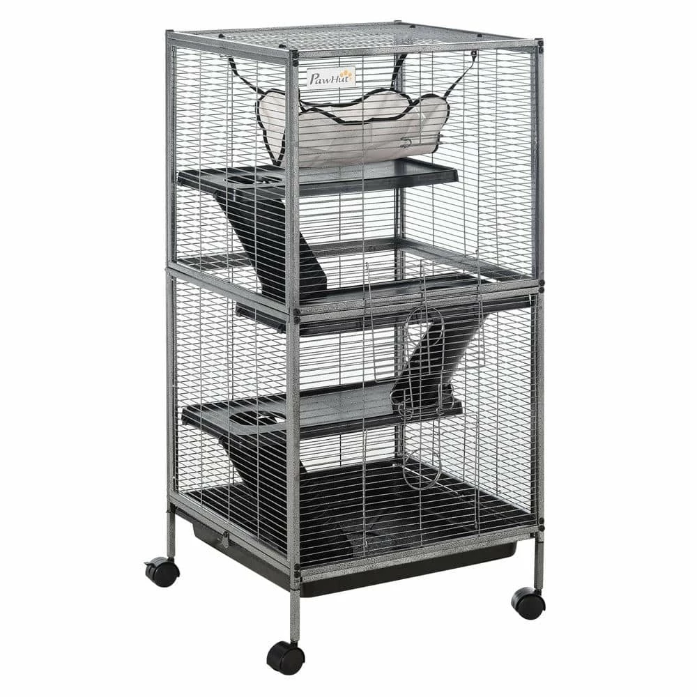 Small Animal Cage for Rabbits, Chinchillas, Ferret with Wheels, Hammock, 4 Platforms and Removable Tray - 45 in. H by PawHut