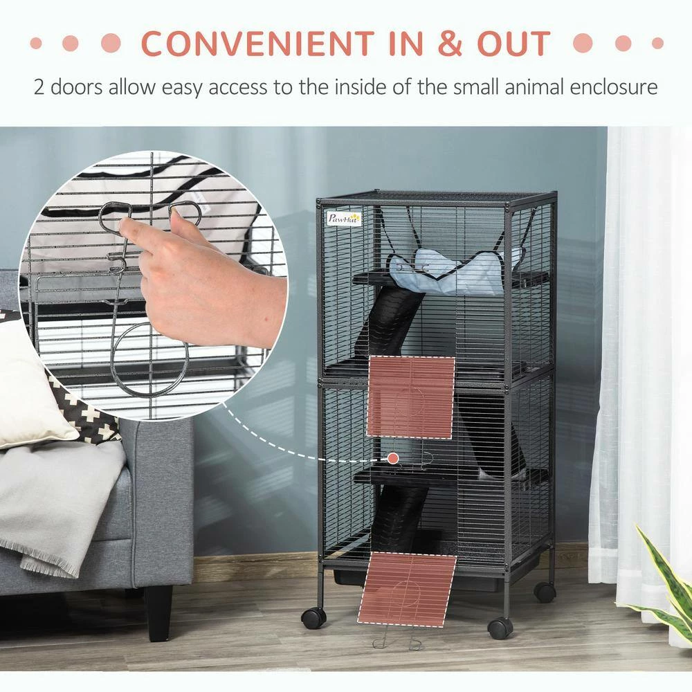 Small Animal Cage for Rabbits, Chinchillas, Ferret with Wheels, Hammock, 4 Platforms and Removable Tray - 45 in. H by PawHut - Image 7