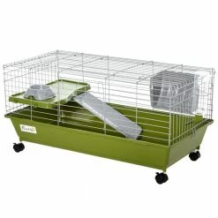 Small Animal Cage Guinea Pig Hutch Ferret Pet House with Platform Ramp, Food Dish, Wheels, & Water Bottle - 35 in. L by PawHut