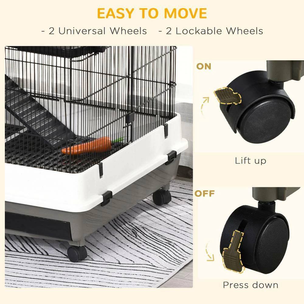 Rolling Small Animal Rabbit Cage for Bunny, Guinea Pig, Chinchillas, & Gerbils with a Large Living Space - 43 in. H by PawHut - Image 5