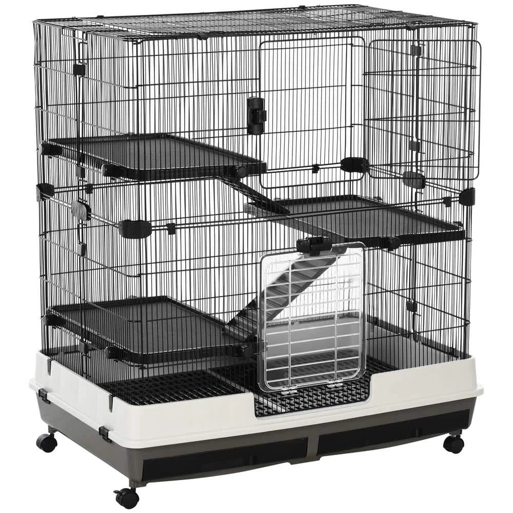 Rolling Small Animal Rabbit Cage for Bunny, Guinea Pig, Chinchillas, & Gerbils with a Large Living Space - 43 in. H by PawHut