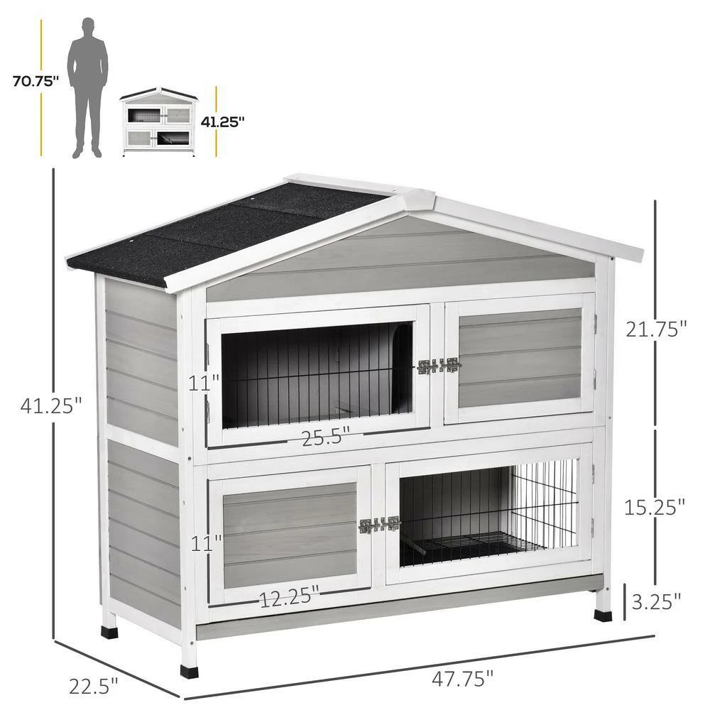 Indoor/Outdoor 48" 2-Story Rabbit Hutch w/Ramp, No Leak Tray and Weatherproof Asphalt Roof - 47.75"L x 22.5"W x 41.25"H by PawHut - Image 3
