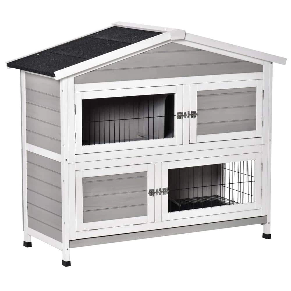 Indoor/Outdoor 48" 2-Story Rabbit Hutch w/Ramp, No Leak Tray and Weatherproof Asphalt Roof - 47.75"L x 22.5"W x 41.25"H by PawHut