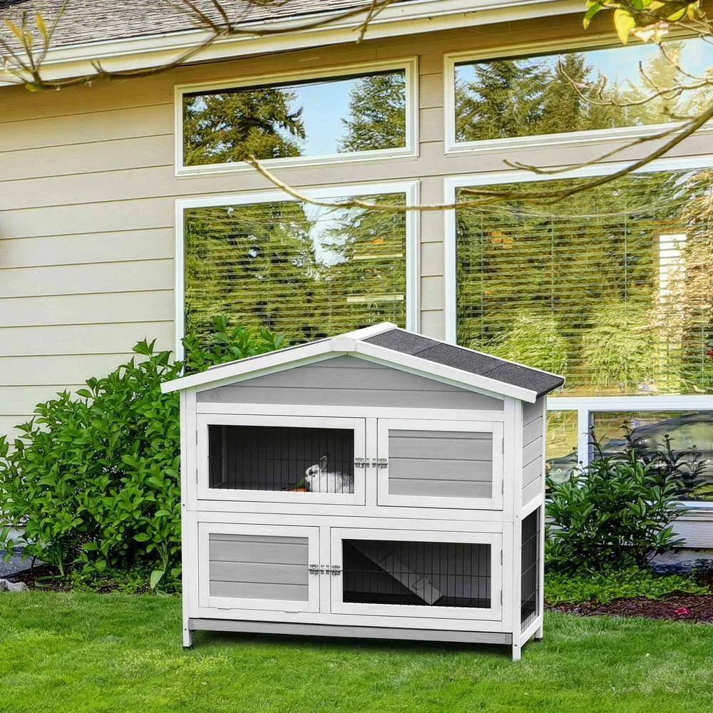 Indoor/Outdoor 48" 2-Story Rabbit Hutch w/Ramp, No Leak Tray and Weatherproof Asphalt Roof - 47.75"L x 22.5"W x 41.25"H by PawHut - Image 2