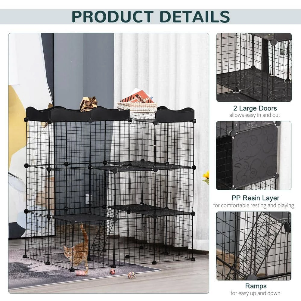 Pet Playpen Small Animal Cage Portable Metal Wire Yard Fence with Door, Ramp, Platform for Kitten, - 41 in. L by PawHut - Image 5