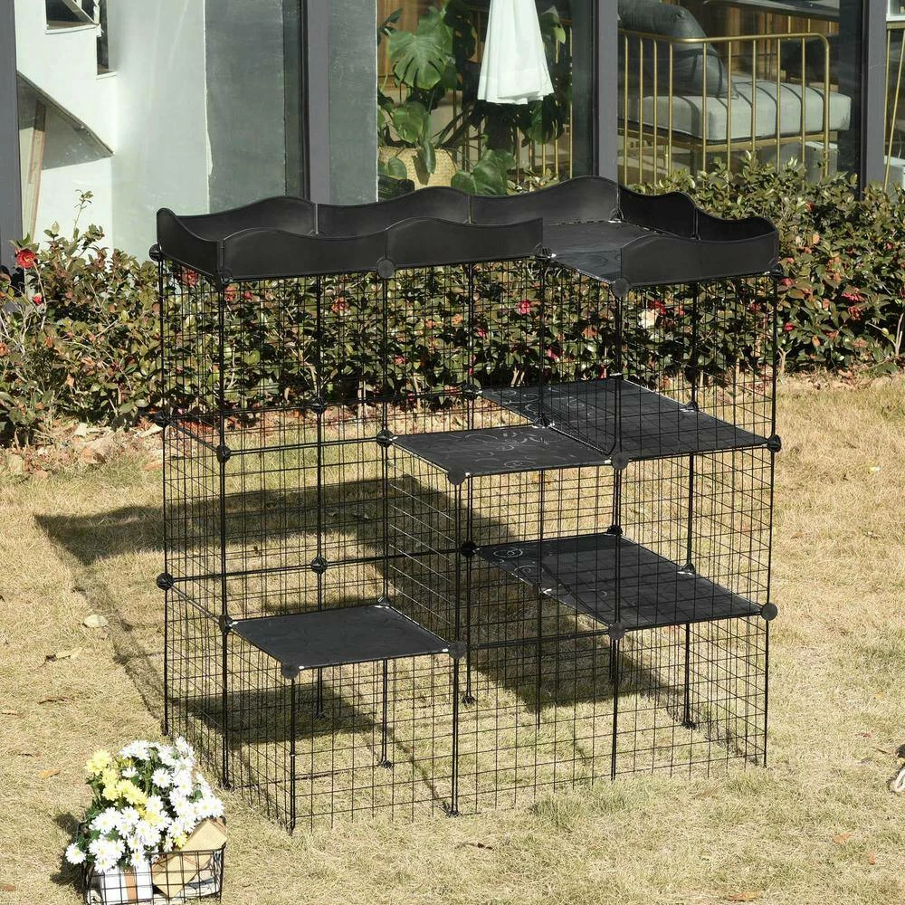 Pet Playpen Small Animal Cage Portable Metal Wire Yard Fence with Door, Ramp, Platform for Kitten, - 41 in. L by PawHut - Image 2