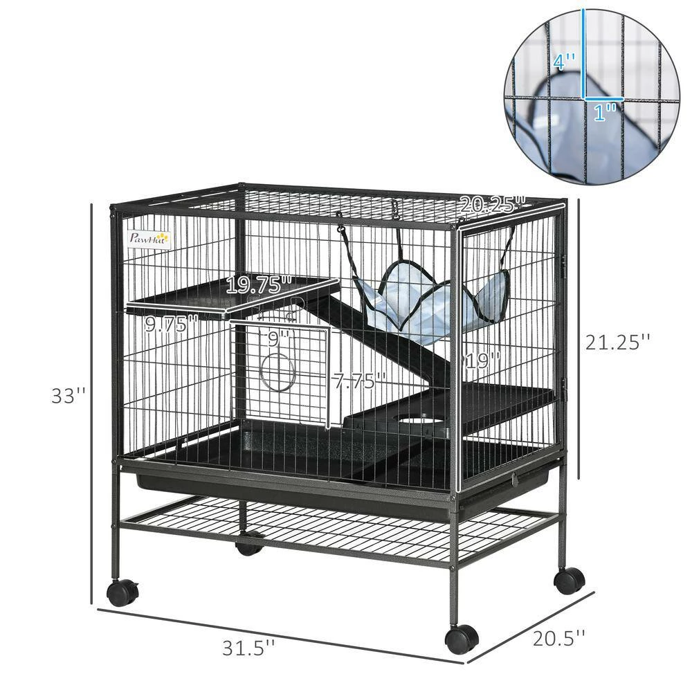 Small Animal Cage, Metal Ferret Cage, Chinchilla Play House, with Rolling Casters, 2 Doors, Hammock - 33 in. H by PawHut - Image 3