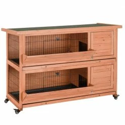 2-Story Rabbit Hutch Indoor/Outdoor Bunny cage with Pull Out Tray, Wheels, Feeding Troughs - Large by PawHut