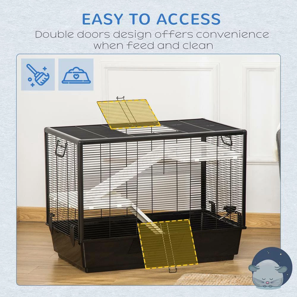Small Animal Cage Habitat Indoor with Accessories Water Bottle Balcony Ramp Food Dish, Black- 31.5 in. by PawHut - Image 4