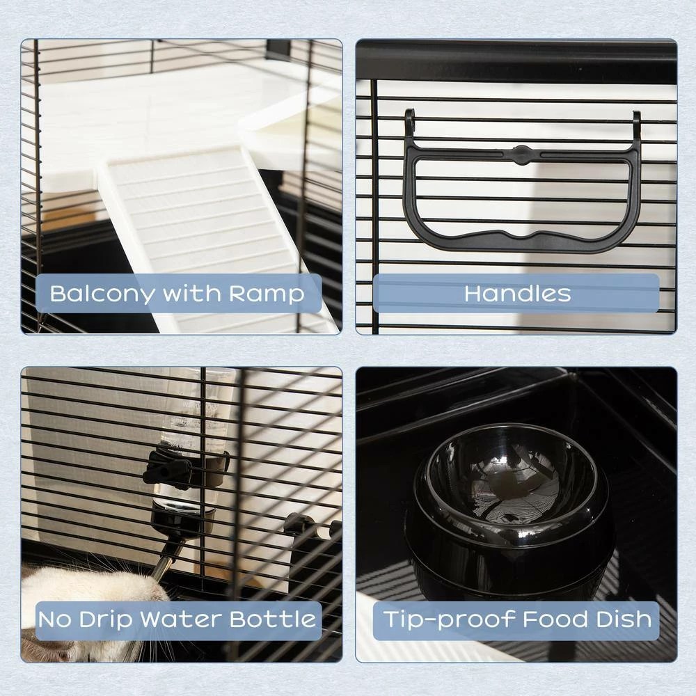Small Animal Cage Habitat Indoor with Accessories Water Bottle Balcony Ramp Food Dish, Black- 31.5 in. by PawHut - Image 5