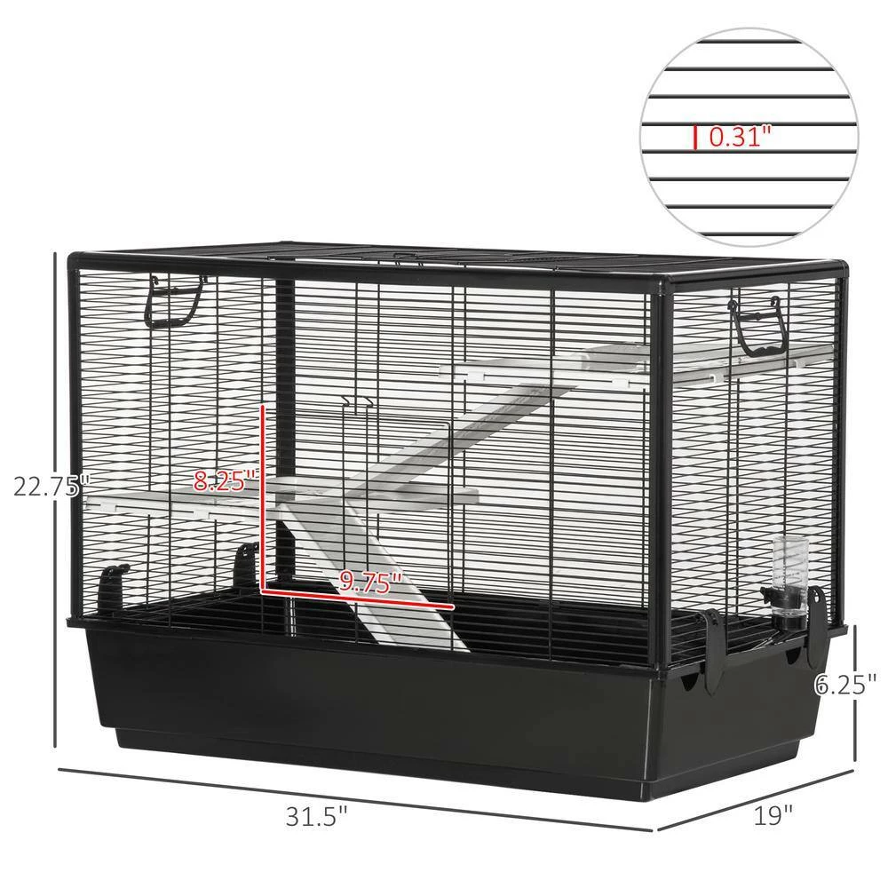 Small Animal Cage Habitat Indoor with Accessories Water Bottle Balcony Ramp Food Dish, Black- 31.5 in. by PawHut - Image 3