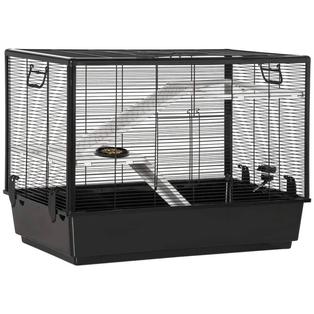 Small Animal Cage Habitat Indoor with Accessories Water Bottle Balcony Ramp Food Dish, Black- 31.5 in. by PawHut