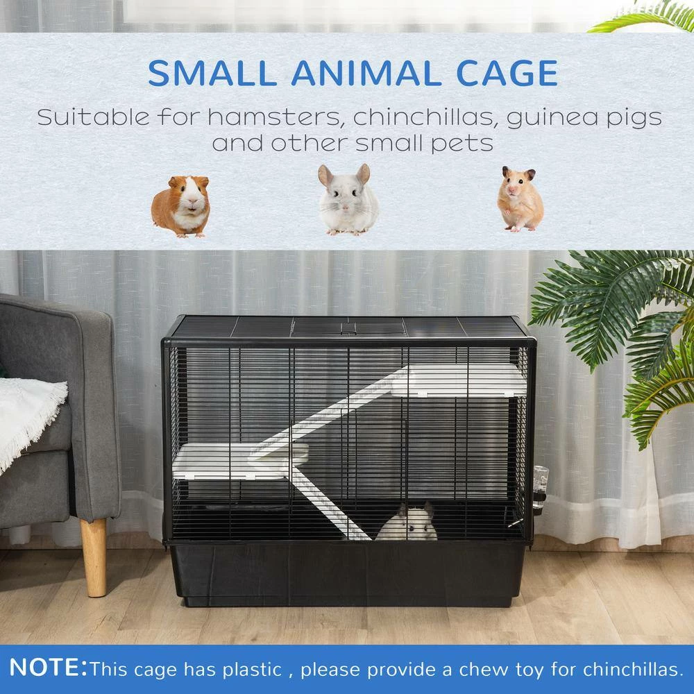 Small Animal Cage Habitat Indoor with Accessories Water Bottle Balcony Ramp Food Dish, Black- 31.5 in. by PawHut - Image 7