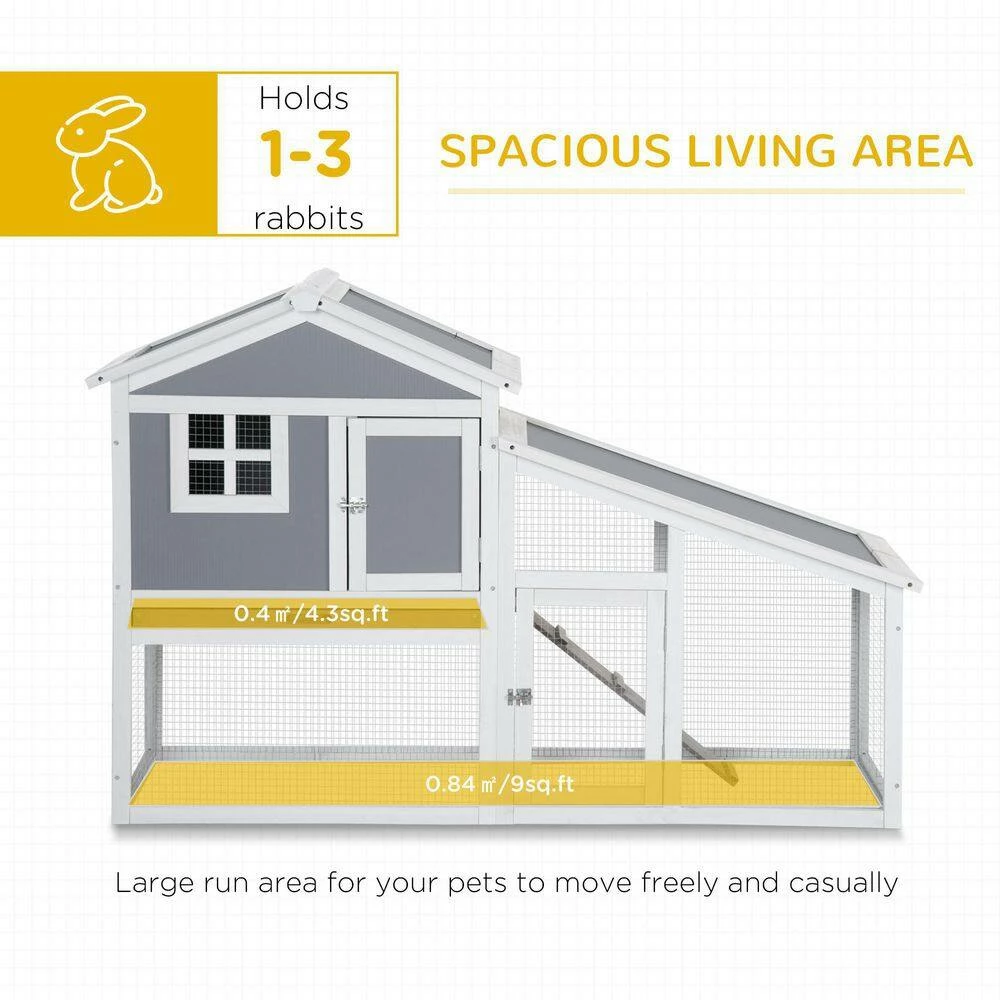 59 in. Wooden Rabbit Hutch with Sunlight Panel Roof, Slide-out Tray, and Ramp, for Rabbits and Small Animals, Grey by PawHut - Image 4