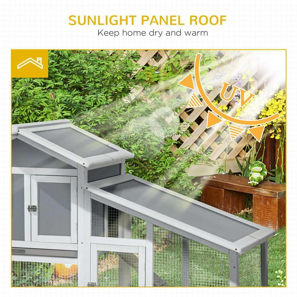 59 in. Wooden Rabbit Hutch with Sunlight Panel Roof, Slide-out Tray, and Ramp, for Rabbits and Small Animals, Grey by PawHut - Image 7