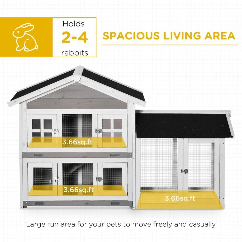 Indoor/Outdoor Wooden Rabbit Hutch 2 Tier Bunny House with Slide-out Tray and Ramp - Large by PawHut - Image 4
