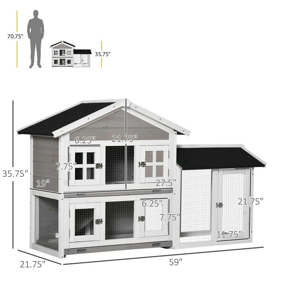Indoor/Outdoor Wooden Rabbit Hutch 2 Tier Bunny House with Slide-out Tray and Ramp - Large by PawHut - Image 3