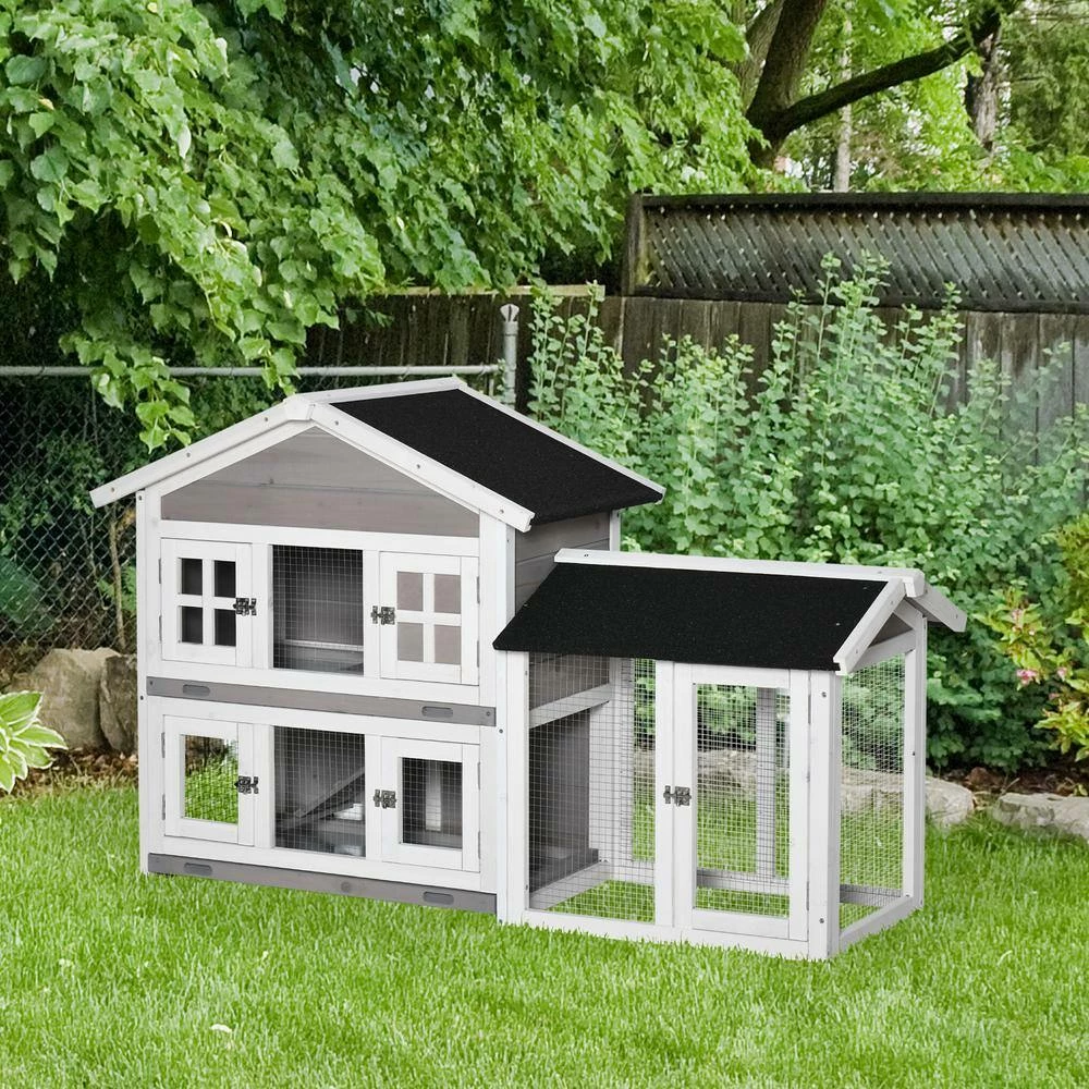 Indoor/Outdoor Wooden Rabbit Hutch 2 Tier Bunny House with Slide-out Tray and Ramp - Large by PawHut - Image 2