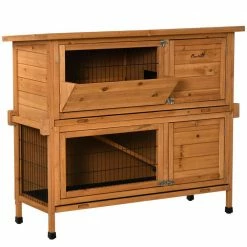 2-Story Rabbit Hutch, Wooden Bunny Cage with 2 Handles for Easy Movement and No Leak Tray - Medium by PawHut