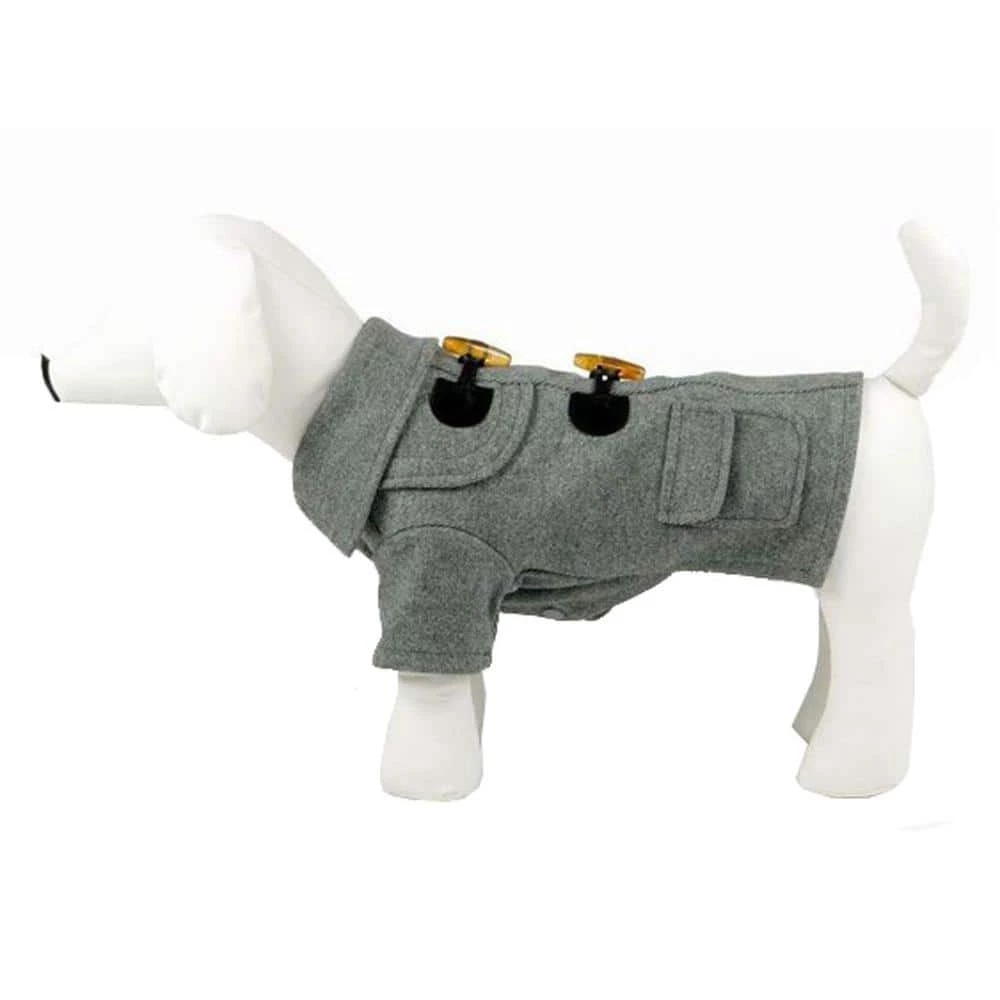 Small Static Grey Military Rivited Fashion Collared Wool Dog Coat by PET LIFE