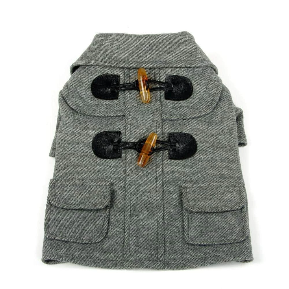 Small Static Grey Military Rivited Fashion Collared Wool Dog Coat by PET LIFE - Image 2